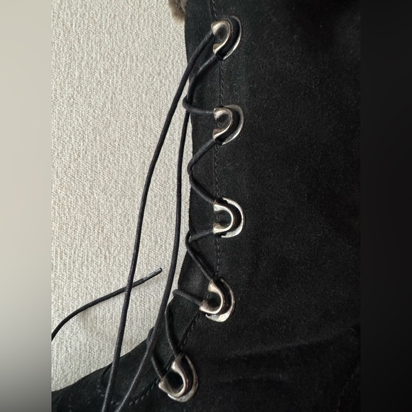 STUART WEITZMAN Womens Black Suede Lace-up Wedge Boots with Faux Fur Trim 9.5 - Picture 10 of 15